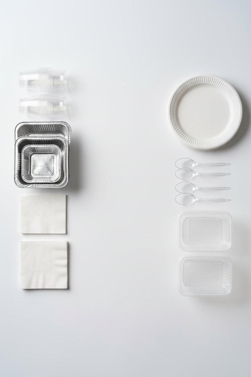 Create a range of catering products (cups, tin trays, spoons, plates etc)

I want to put in the words "tiger household" on the products subtly with no logo.

make it so that theres some space in the middle of the product range (where i will put my button)

Make sure its compatible on mobile, so theres no products cut off on the side when viewed on mobile

Make it HD